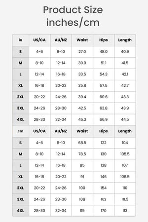 size chart for stretchy wide-leg pants showing waist, hips, and length measurements in inches and cm for sizes S to 4XL