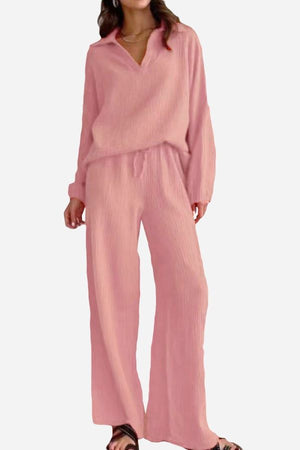 Pink cotton collared two-piece set with bishop sleeves and loose fit pants