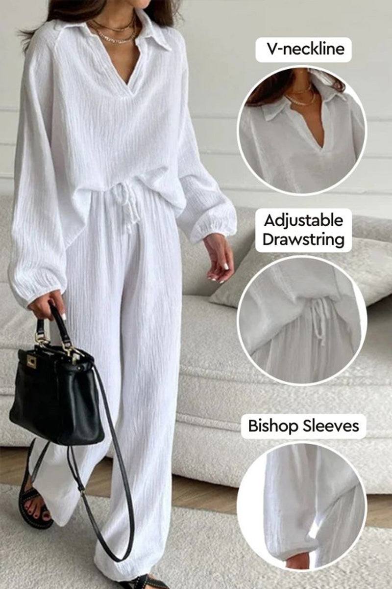 White cotton collared two-piece set with V-neckline, adjustable drawstring waist, and bishop sleeves