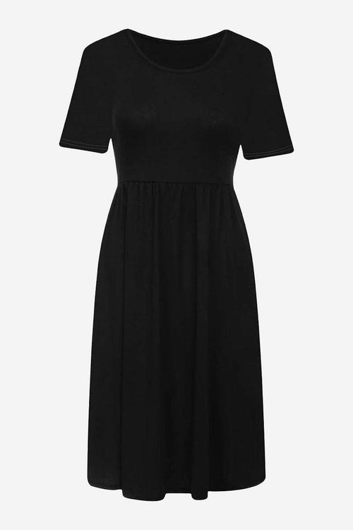 Black short-sleeved pleated dress with a high waist and modest cut, featuring comfortable stretch fabric.