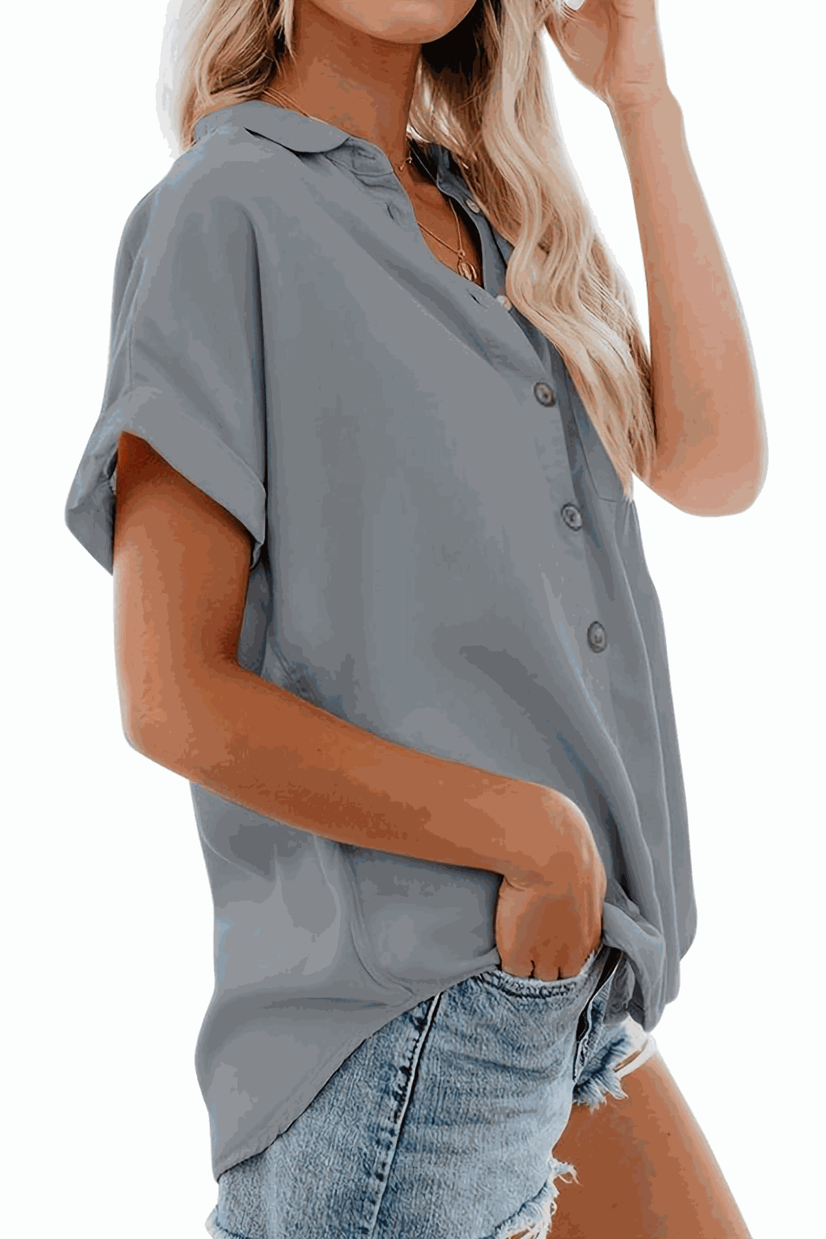 Grey V-neck collared button blouse with rolled short sleeves and casual fit worn with denim shorts