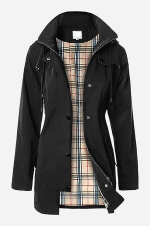 Black elegant plaid raincoat windbreaker with checkered lining and feminine draw-string waist, water resistant and lightweight.