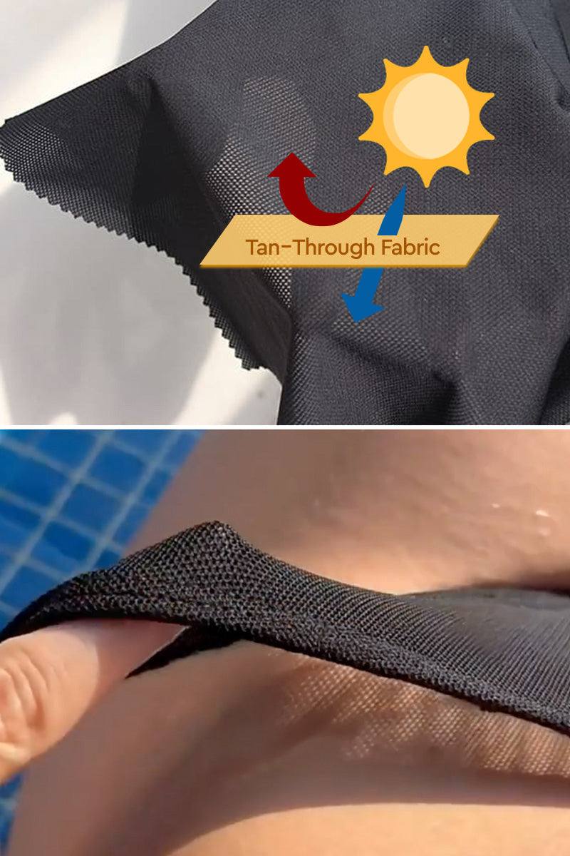 Close-up image of black asymmetric anti-tan line fabric showing breathable, tan-through material.