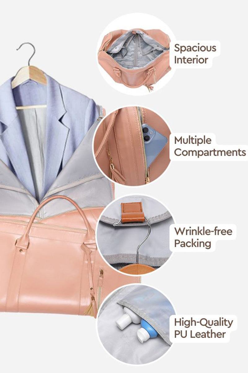 No-Wrinkle Foldable Travel Bag with spacious interior, multiple compartments, wrinkle-free packing, and high-quality PU leather in pink.