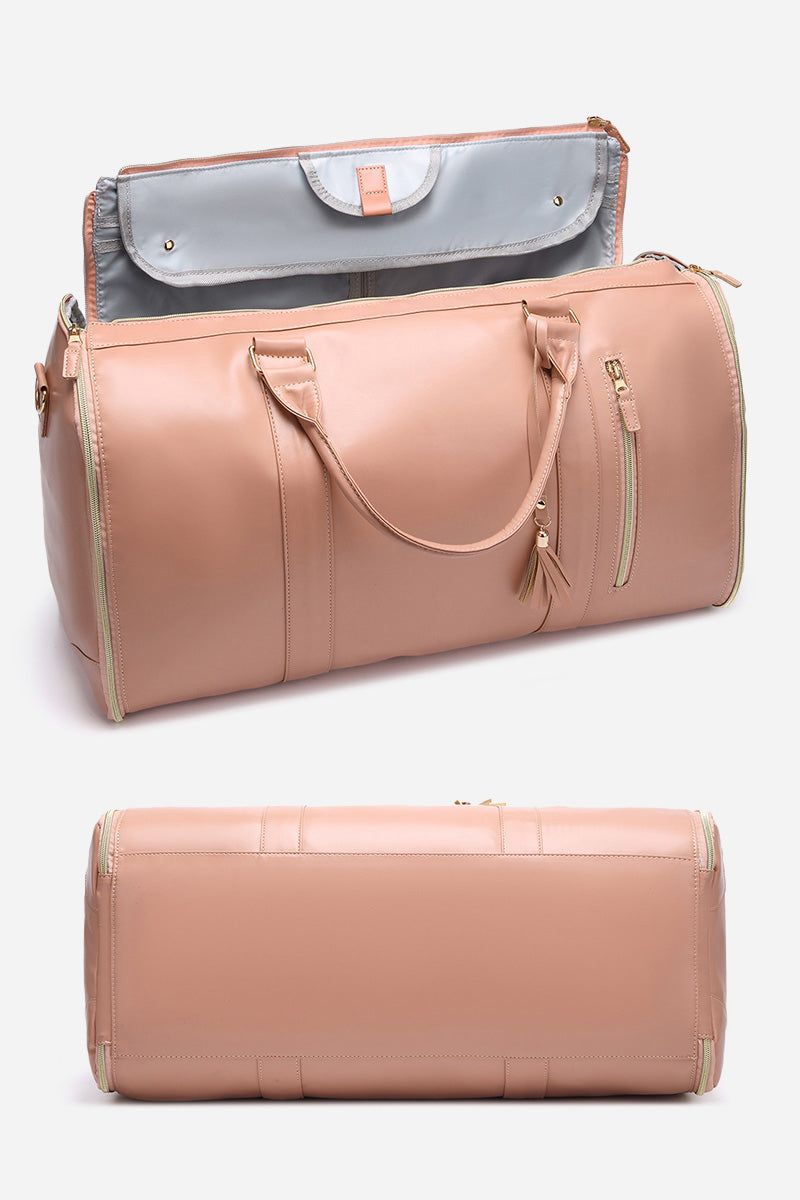 No-Wrinkle Foldable Travel Bag in beige PU leather with handles and zipper compartments, shown open and closed.