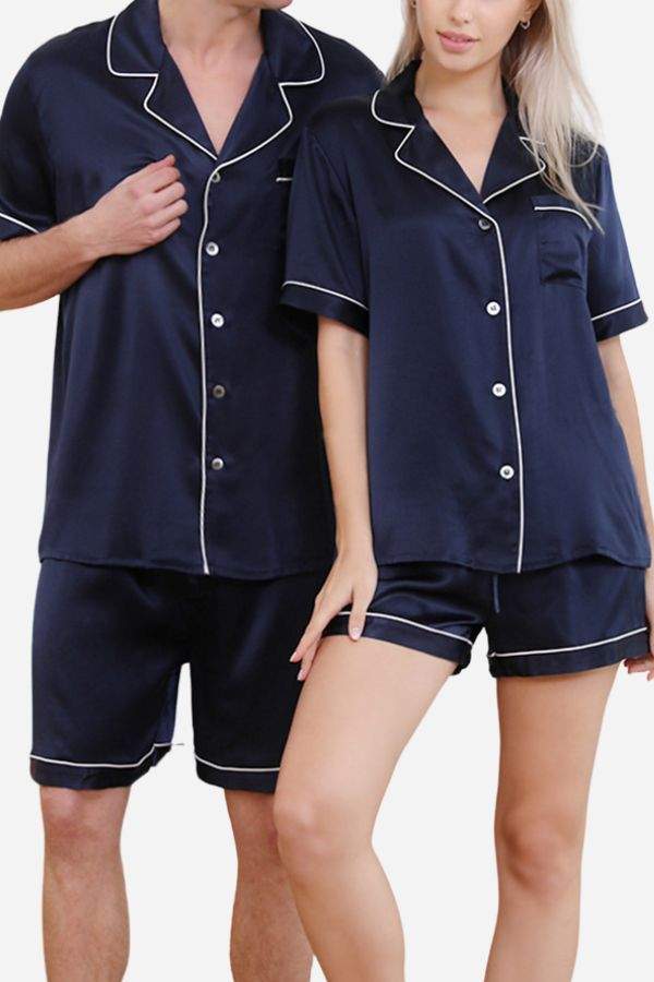 Mulberry Silk Couples Pajamas navy blue matching set with white piping, breathable and soft silk fabric for comfort and style
