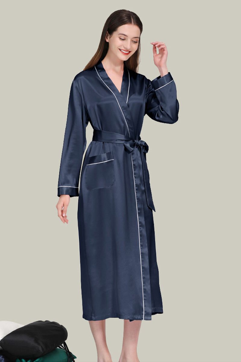 Elegant navy Mulberry Silk Nightgown with sash belt and long sleeves for comfortable, breathable wear