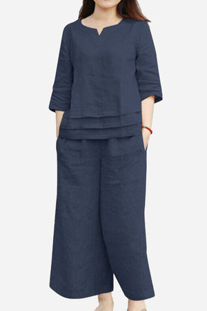 Women's navy blue cotton casual solid pants set with breathable relaxed fit and 3/4 sleeves