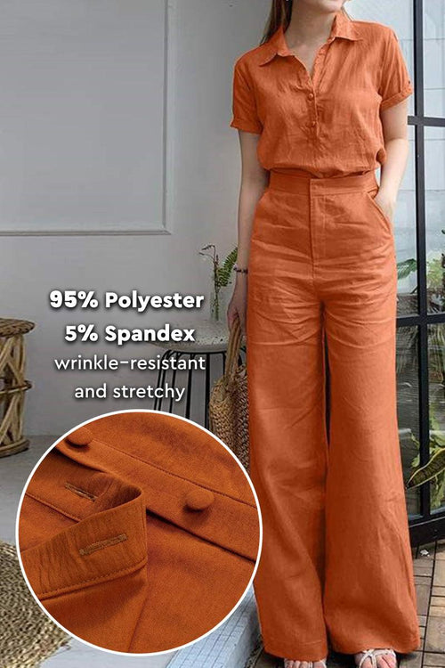 Woman wearing rust-colored linen-look set with short-sleeve collared shirt and wide-leg pants, made of 95% polyester and 5% spandex, wrinkle-resistant and stretchy fabric.