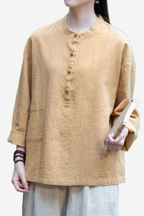One size ramie linen and cotton blouse with long sleeves and front buttons in beige tone
