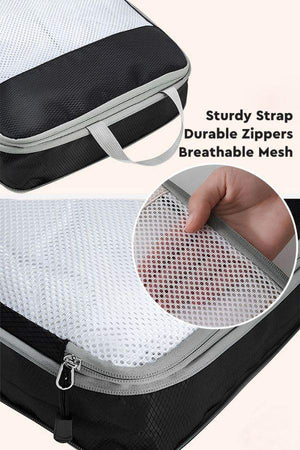 Space-saving compression packing organizers with sturdy strap, durable zippers, and breathable mesh in black and white color.