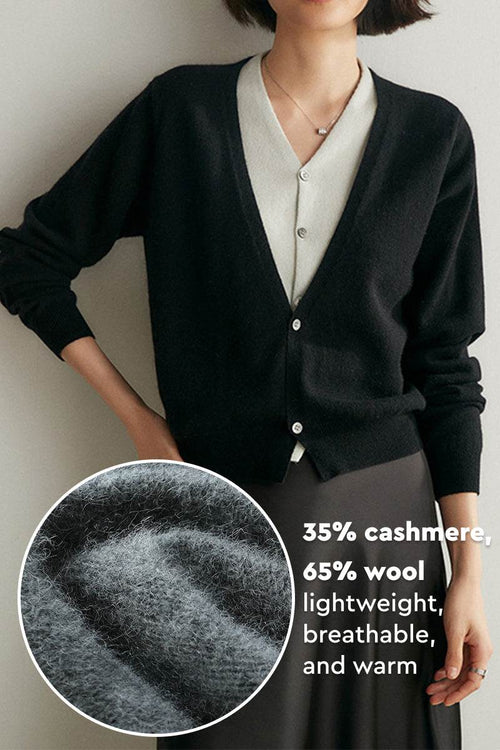 Single-breasted cashmere wool cardigan in black, lightweight, breathable, and warm blend of 35% cashmere and 65% wool.