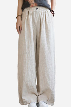 Light beige sandwashed ramie linen relaxed fit pants with elastic waistband and button detail