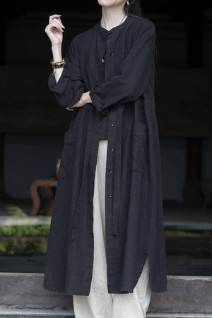 Oversized casual loose black ramie linen cardigan with front buttons and pockets