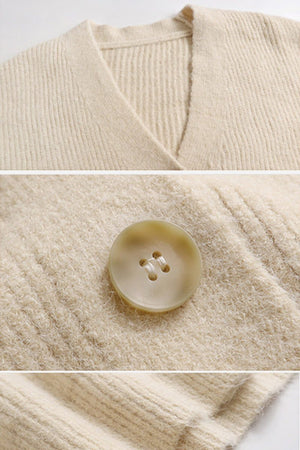 Close-up details of a beige casual loose boxy cardigan with V-neckline, ribbed texture, and button closure