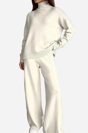 White knitted turtleneck sweater and wide-leg pants two-piece set for women