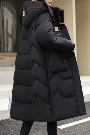 FrostLine Long Coat black insulated lightweight winter coat with hood and double-button fasteners for cold weather travel and layering