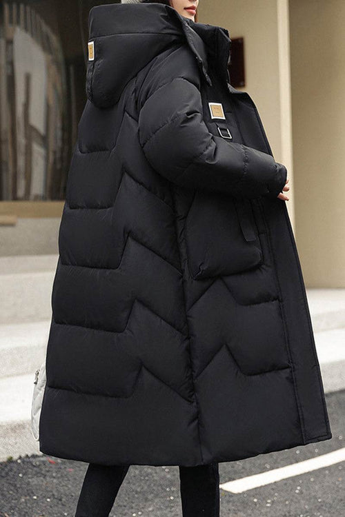 FrostLine Long Coat black insulated lightweight winter coat with hood and double-button fasteners for cold weather travel and layering