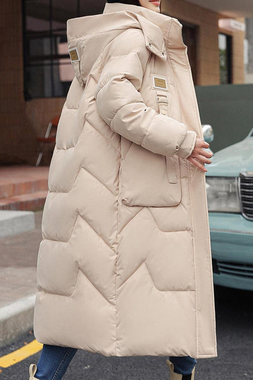 FrostLine Long Coat beige insulated water-resistant winter travel coat with hood and buttoned cuffs
