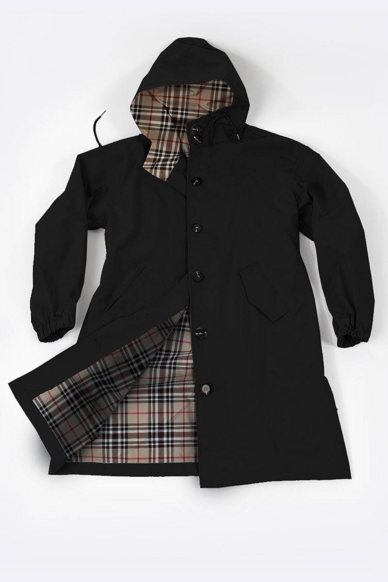 Travel-smart waterproof hooded windbreaker with black exterior and beige plaid lining, breathable fabric, adjustable hood, and sealed zippers for rain protection.