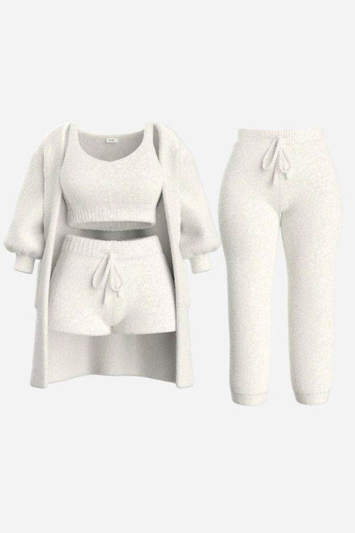 Cloud Soft 4-Piece lounge set with soft fabric cardigan, cropped top, shorts, and pants in light grey