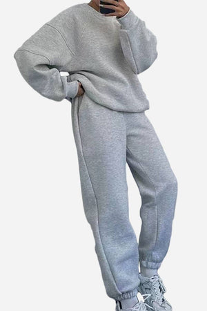 Gray Comfy Chic Tracksuit set with relaxed fit sweatpants and sweatshirt for casual comfort and style