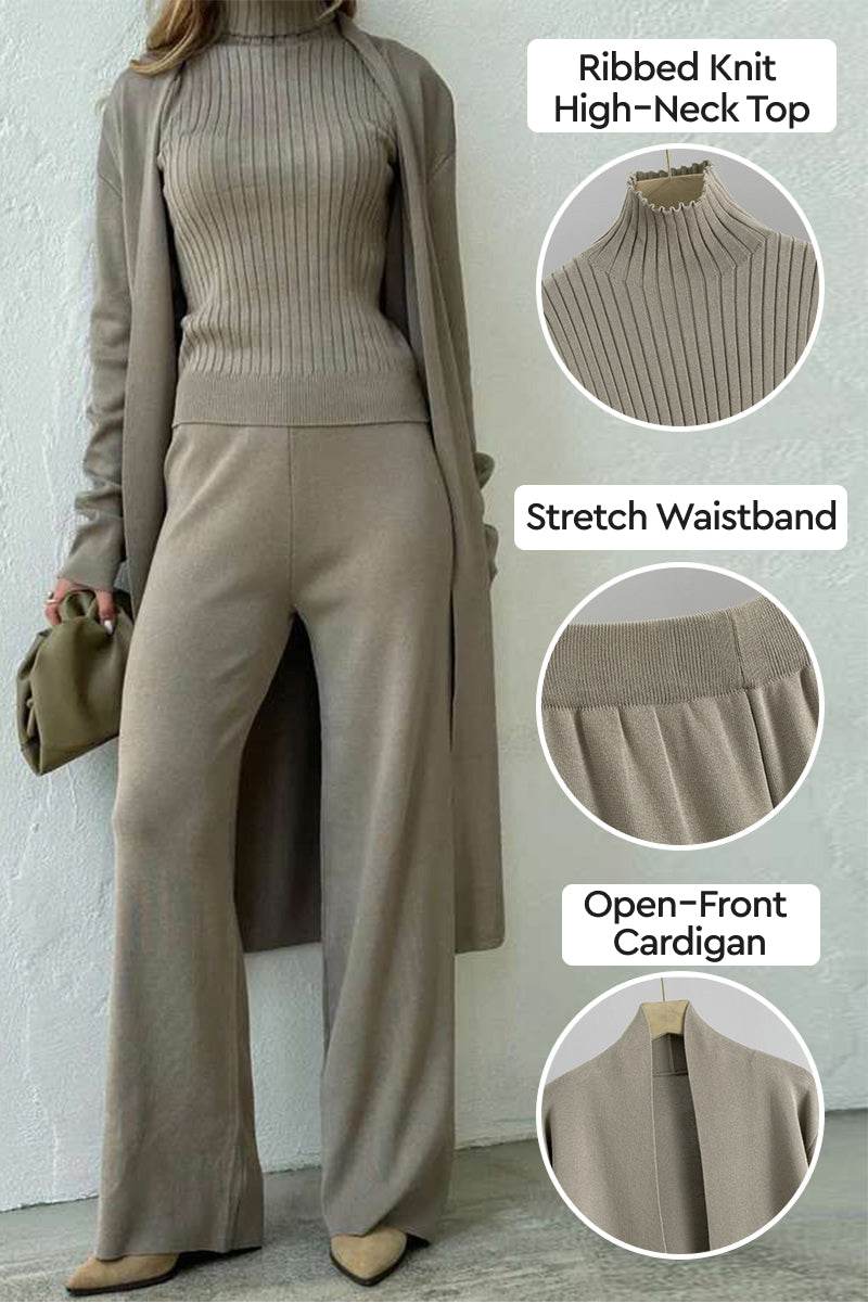 Three-piece collection featuring ribbed knit high-neck top, stretch waistband pants, and open-front cardigan in neutral tone