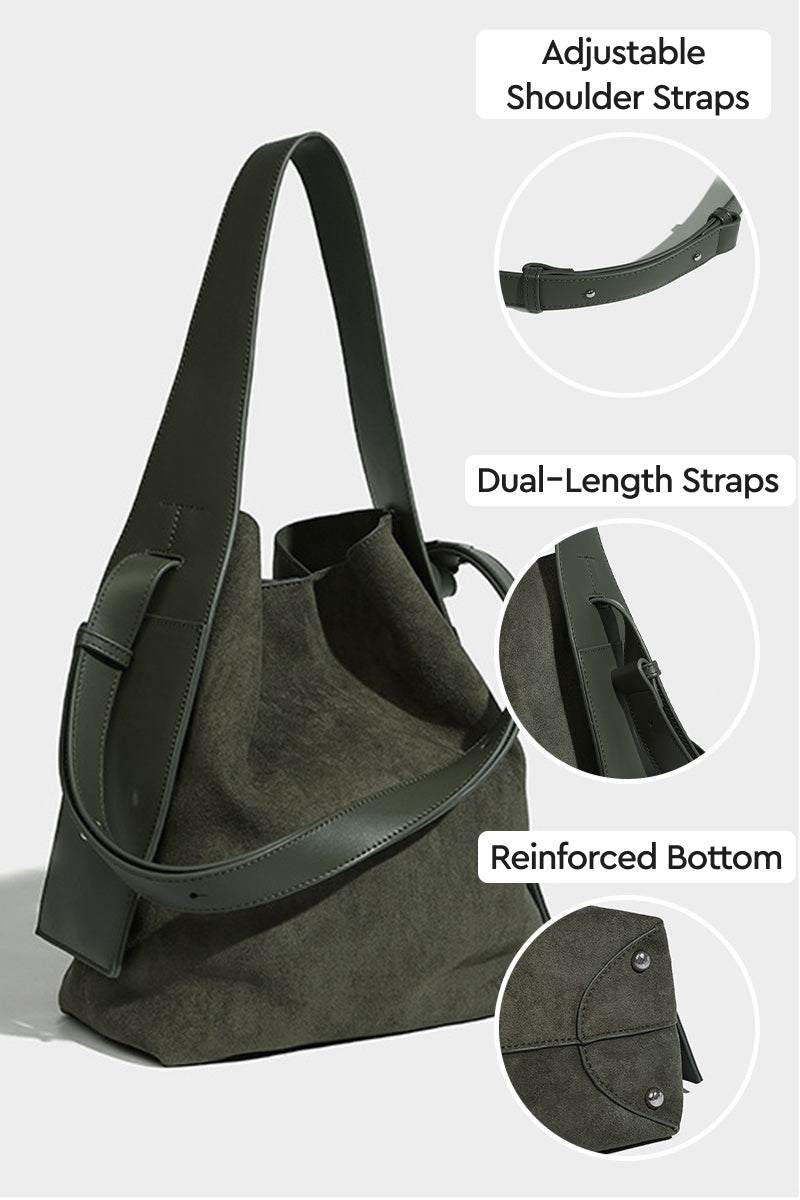 Vintage Charm Bag suede with adjustable dual-length straps and reinforced bottom, spacious and stylish everyday handbag