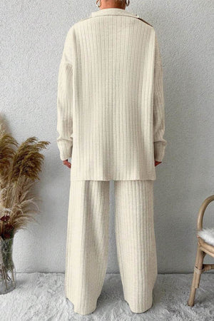Plus-size curve-loving knit work from home comfort set in soft beige ribbed fabric, long-sleeve top and wide-leg pants.