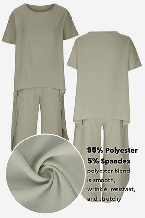 Relaxed linen-like travel 2-piece set in soft, wrinkle-resistant polyester blend with stretchy fabric for comfortable, stylish wear.