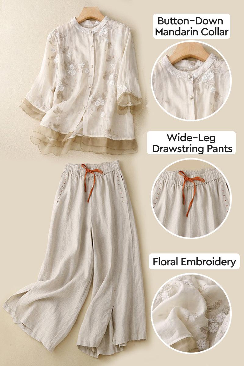 Cotton Linen Tuscany two-piece set with embroidered button-down mandarin collar top and wide-leg drawstring pants in breathable cream fabric