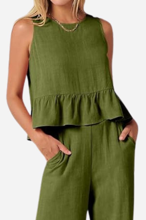 olive green sleeveless linen-like feel set with peplum top and matching pants