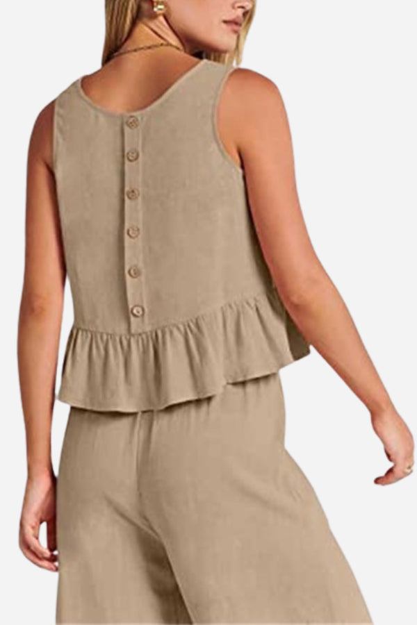 Women's beige linen-like feel set with sleeveless button-back top and wide-leg pants, lightweight and breathable for travel.