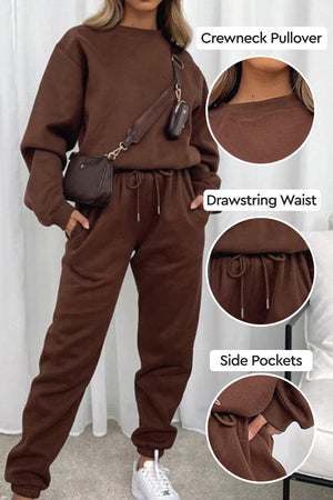 Classic Comfort Athleisure brown crewneck pullover and drawstring waist pants with side pockets women's activewear set