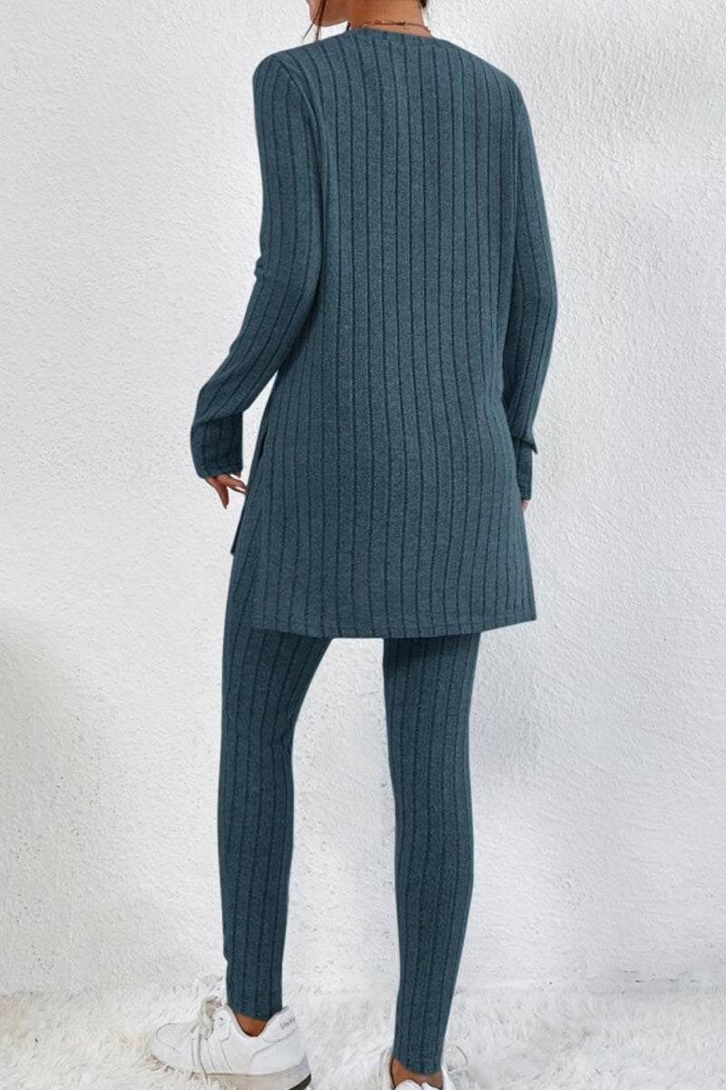 Back view of woman wearing blue Butter Touch Ribbed Two-Piece Set with long ribbed tunic top and matching ribbed leggings against white background