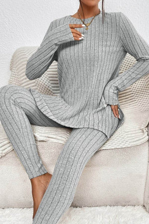 grey Butter Touch Ribbed Two-Piece Set with long sleeve top and leggings, ribbed texture, cozy and stretchy lounge wear