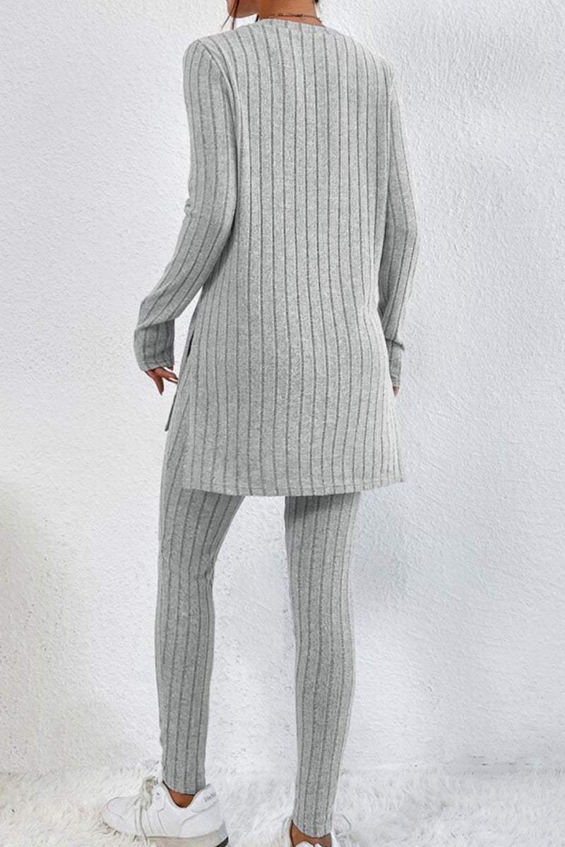 Back view of grey Butter Touch Ribbed Two-Piece Set with long ribbed top and matching ribbed leggings worn with white sneakers