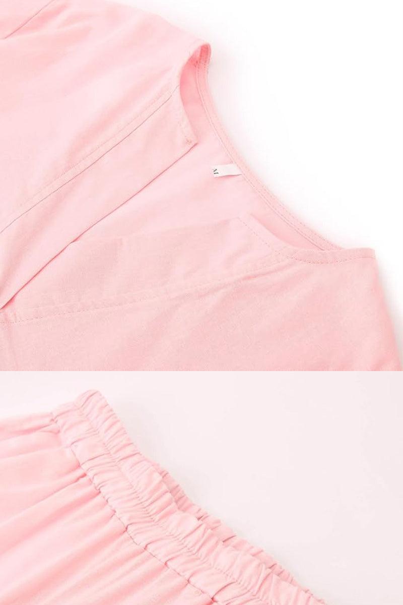 Pink pure linen two-piece casual comfort set with breathable fabric and relaxed fit