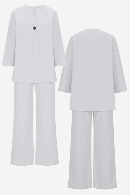 Pure Linen Two-Piece casual comfort set with one-button jacket and wide-leg pants in breathable fabric