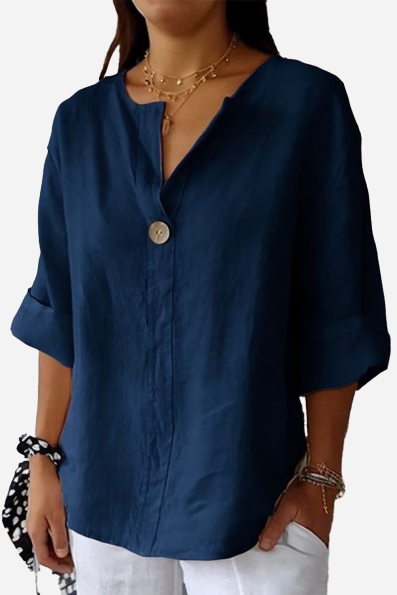Women's navy blue pure linen age-defying button detail shirt with rolled sleeves and relaxed fit