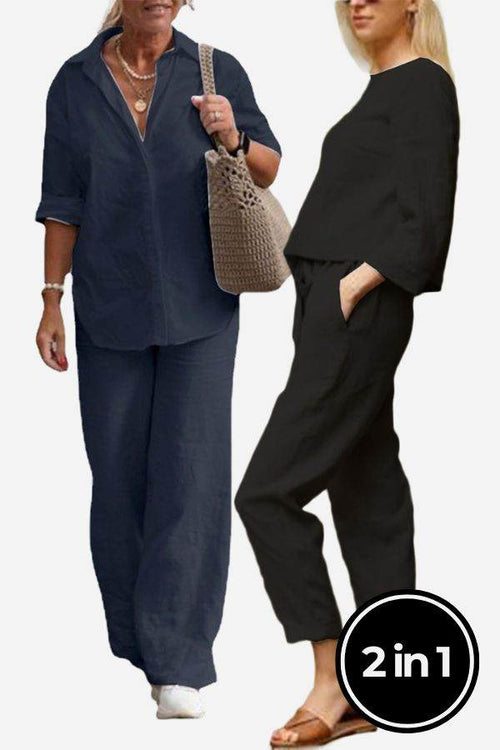 Two women modeling Casual Chic Duo breathable, mix-and-match two-piece sets in navy and black for relaxed, stylish comfort