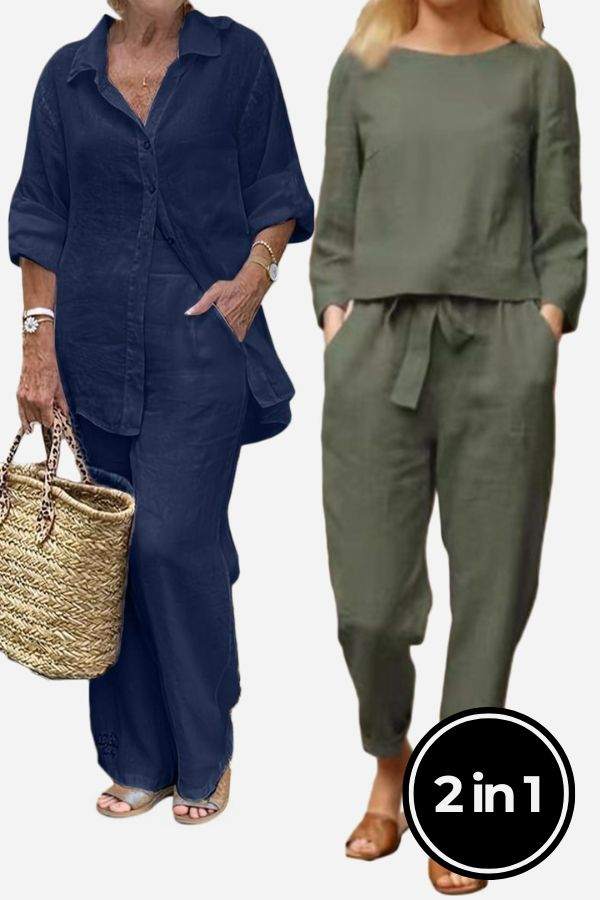 Two breathable casual chic duo sets featuring relaxed cotton and linen blend tops and trousers for comfortable, stylish everyday wear
