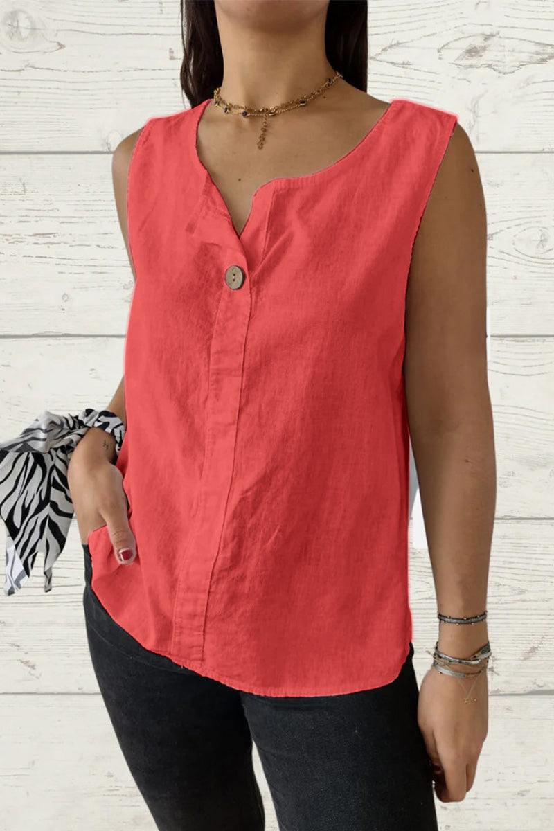Woman wearing sleeveless red 100% pure linen vest with button detail and V-neckline