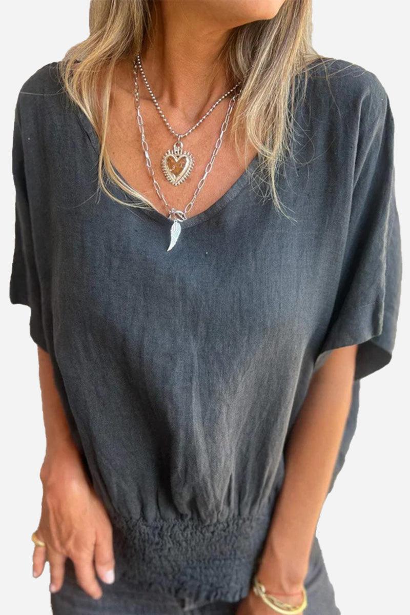 Women's charcoal pure linen short-sleeve blouse with V-neck and smocked waist detail