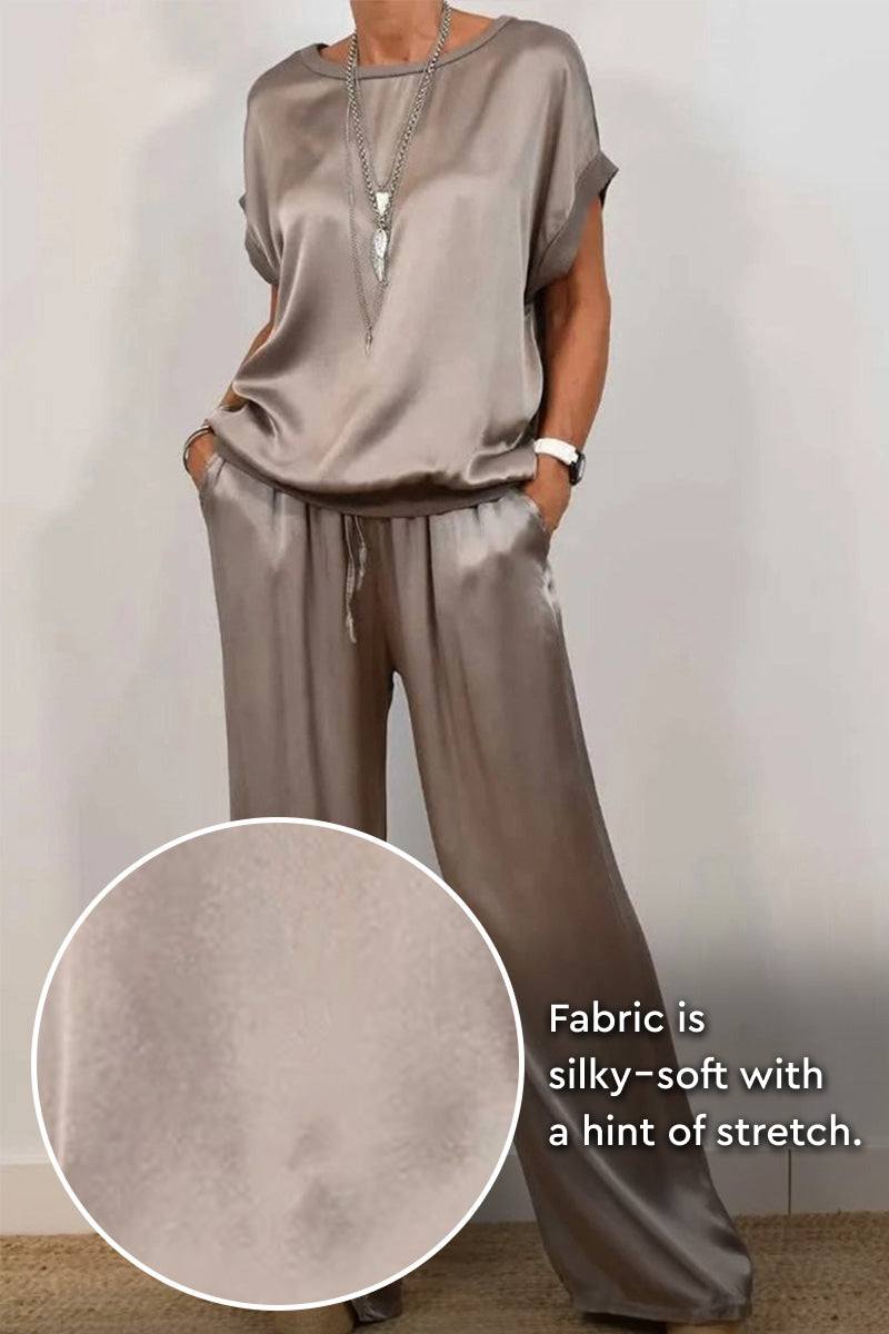 Silken Escape Satin Two-Piece Set in silky-soft, stretch fabric with relaxed fit and wide-leg pants.
