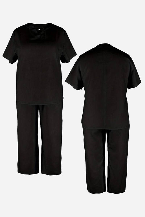 Black breezy cotton blend two-piece set with short-sleeve top and elastic waist pants, front and back view