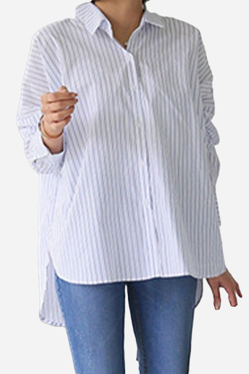 100 cotton oversized striped shirt in blue and white with long sleeves and relaxed fit