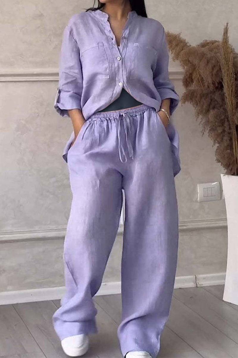 Lavender 100% cotton relaxed fit two-piece Double Comfort Set with button-up top and drawstring pants.
