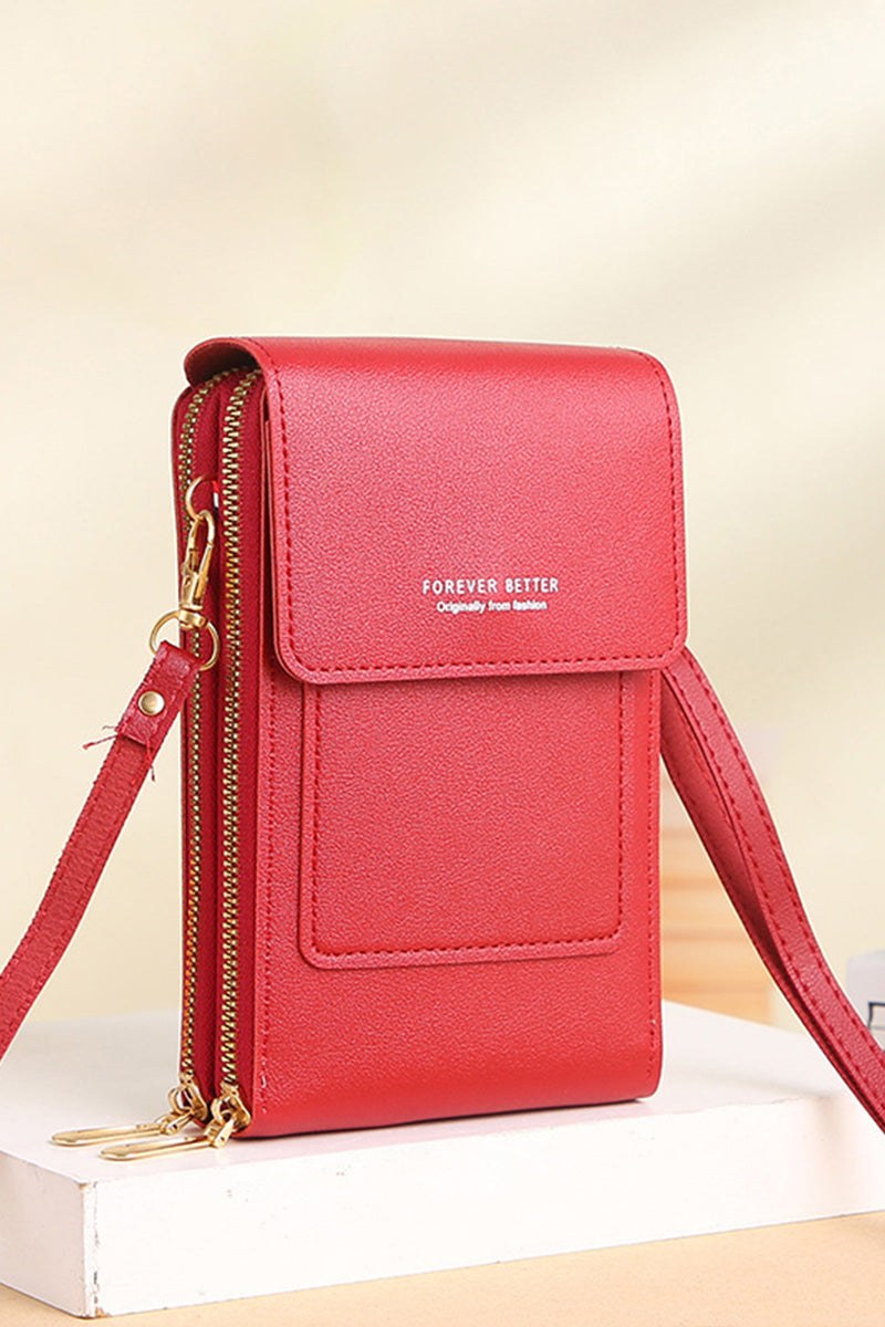 Red anti-theft travel crossbody phone pouch made of durable PU leather with secure zip and adjustable strap
