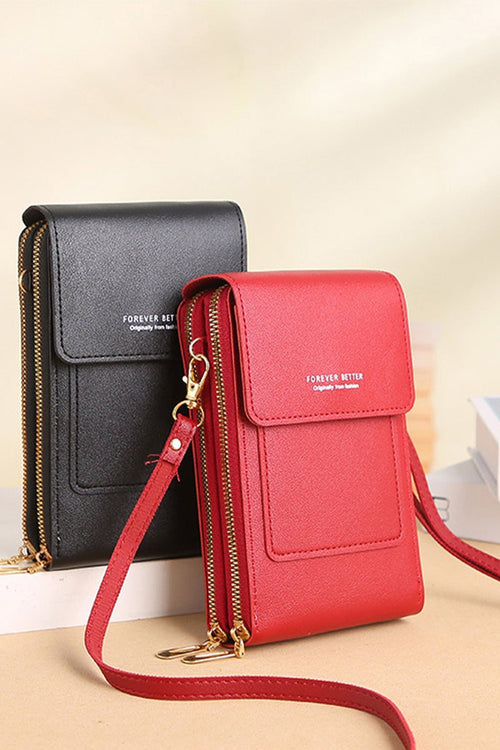 Anti-theft travel crossbody phone pouch in black and red PU leather with zipper compartments and adjustable strap